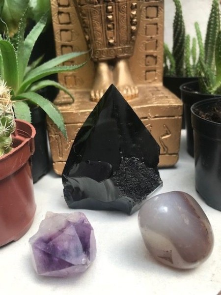 0037-Super Trio -Ponta Bruta de Obsidiana,Ponta Bruta de Ametista, Pedra Rolada de Agatha Marrom e Azul -Proteção,Transmutação e Equilíbrio