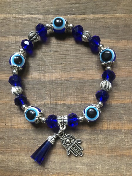 178-Pulseira Olho Grego e Mão de Fátima Obelisco Azul -Beleza, Proteção,Boa Sorte & Saúde